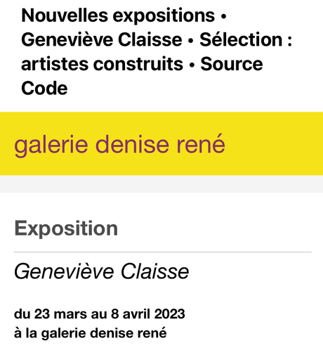 Galerie Denise René – exposition Geneviève Claisse – et  » artistes construits » à partir du 23 Mars 2023.