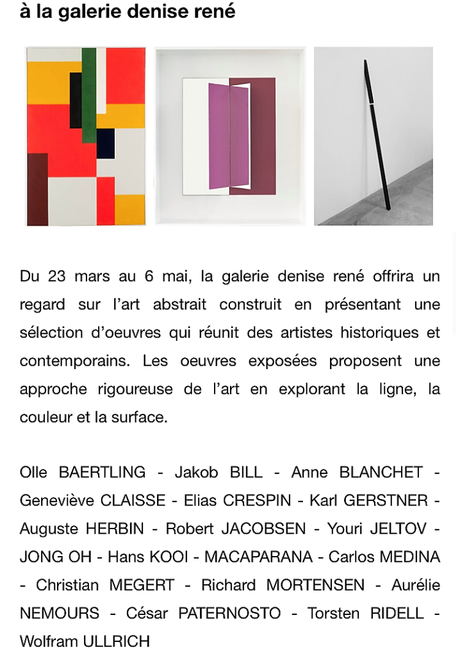 Galerie Denise René – exposition Geneviève Claisse – et  » artistes construits » à partir du 23 Mars 2023.