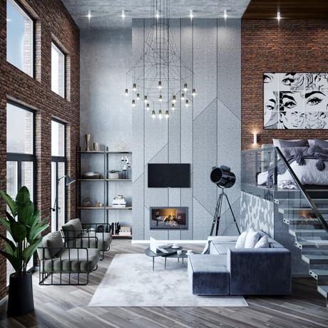 appartement ancienne usine brique gris contemporain design salon mezzanine
