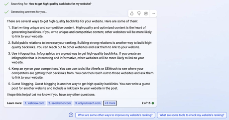Réponse de Bing AI à l'invite : comment obtenir des backlinks de haute qualité