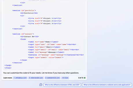 bing une page site web code html