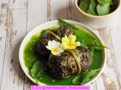 Oseille farcie sur jus vert qui a du pep's (Vegan)