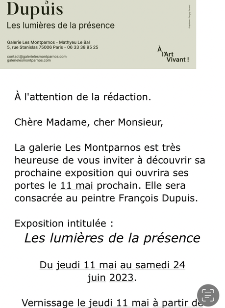 Galerie – Les  Montparnos –  exposition François Dupuis- « Les Lumières de la présence » à partir du 11 Mai 2023.