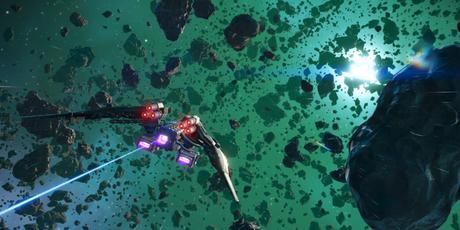 Une image d'un vaisseau sentinelle de la mise à jour No Mans Sky Intercepter, volant à travers un champ d'astéroïdes.