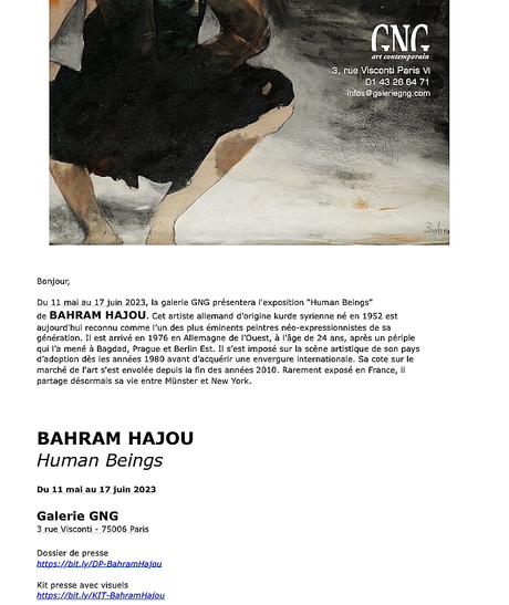 Galerie G N G  «  » Bahram Hajou «  »  à partir du 11 Mai 2023.