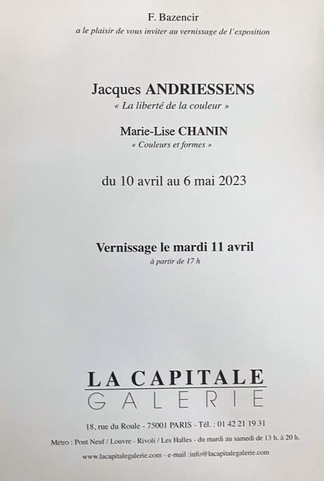 Galerie La Capitale exposition  Jacques Andriessens et Marie-Lise Chanin.  10 Avril au 6 Mai 2023.