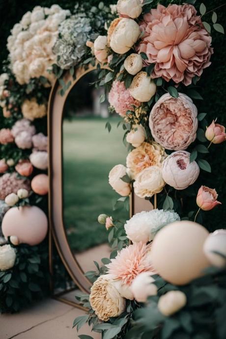 Les pivoines, symbole d’élégance dans la décoration de la maison et du mariage printanier ! photo booth mariage diy cadre doré fleurs