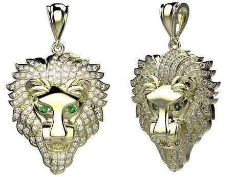 pendentif lion en or et pierres d'émeraude