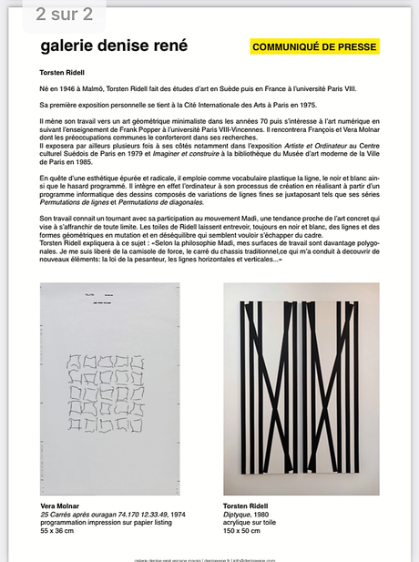 Galerie Denise René – une nouvelle exposition « Molnar/Ridell – depuis le 20 Avril 2023.