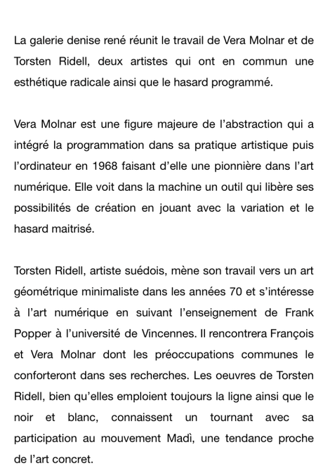 Galerie Denise René – une nouvelle exposition « Molnar/Ridell – depuis le 20 Avril 2023.