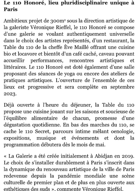 Une nouvelle Galerie : La galerie 110. Galerie Véronique Rieffel. Mai 2023.