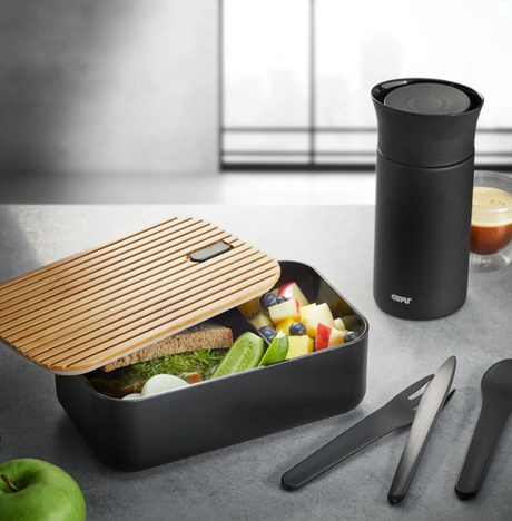lunchbox éco-responsable rectangle noir couvercle bois bambou set couvert noir