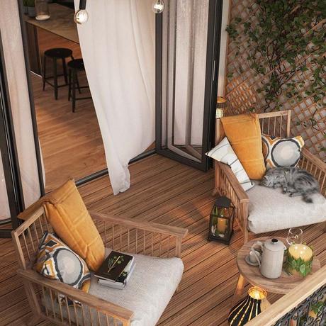 Balcon deco chaleureuse terrasse bois mobilier lanterne