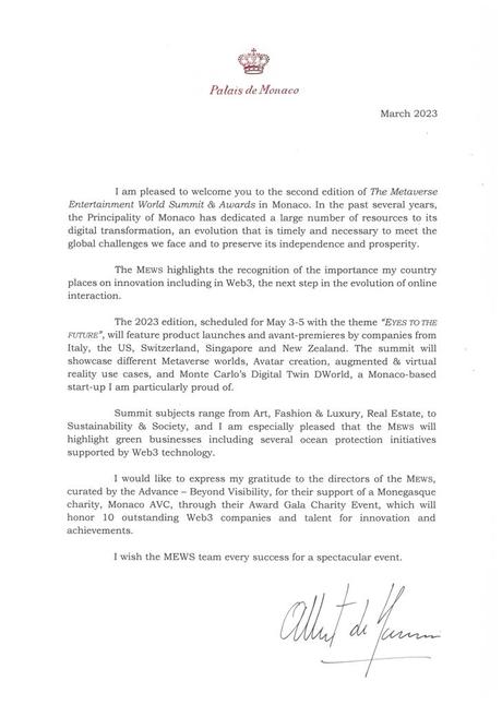 S.A.S Le Prince Albert II de Monaco présente The MEWS, l’événement Métaverse et WEB3 le plus prestigieux au monde