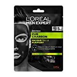Masque purifiant visage pour homme L'Oréal Men Expert - Masque Tissu Visage Hydratant & Purifiant pour Homme - Contre la Déshydratation, le Stress & l'Excès de Sébum - Enrichi en Charbon & en Glycérine - Pur Charbon - Taille XL - 30 g