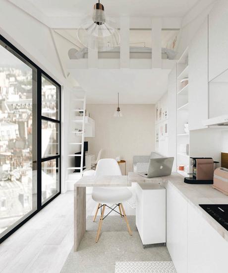 studio blanc lumineux baie vitree lit mezzanine cuisine