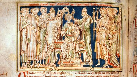Le couronnement d'Edouard le Confesseur, de Flores Historiarum par Matthew Paris, 13e siècle.