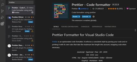 Capture d'écran de l'extension Prettier