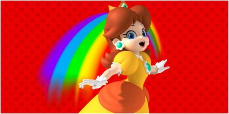La princesse Daisy souriant devant un arc-en-ciel pour Super Mario Run.