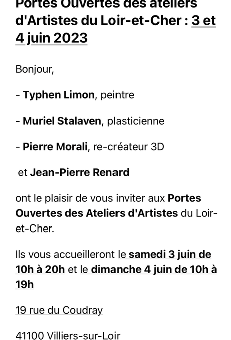 Portes ouvertes des ateliers d’Artistes du Loir et Cher- 3/4 Juin 2023.