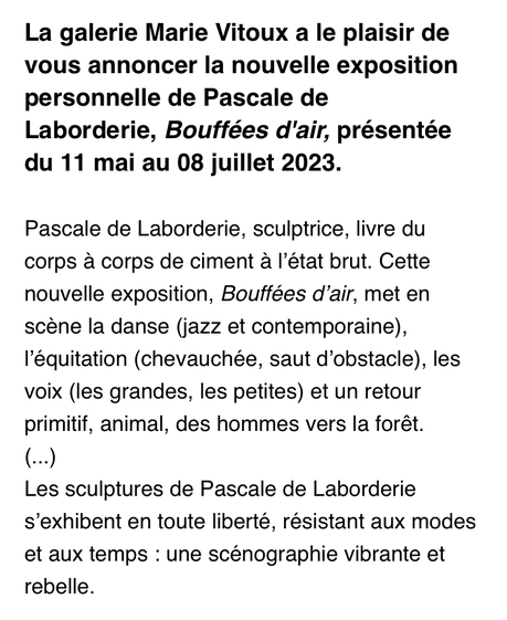 Galerie Marie Vitoux  – exposition « Bouffées d’air » de Pascale de Laborderie- à partir du 11 Mai 2023.