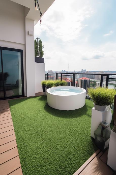 aménagement balcon carré jacuzzi gazon synthétique