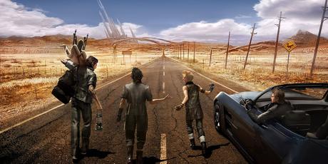 Gladiolus, Noctis, Prompto et Ignis se parlent dos à la caméra alors qu'ils marchent sur une route, à l'exception d'Ignis qui conduit leur voiture, dans Final Fantasy XV.