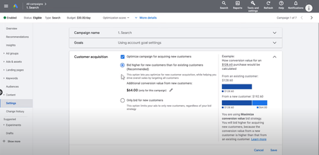 Définir de nouveaux objectifs d’acquisition de clients Configurez le type d'objectif d'acquisition de clients dans les campagnes existantes.