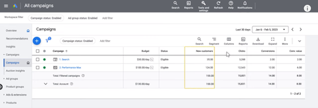 Définir de nouveaux objectifs d’acquisition de clients Colonne Nouveaux clients dans l'interface Google Ads.