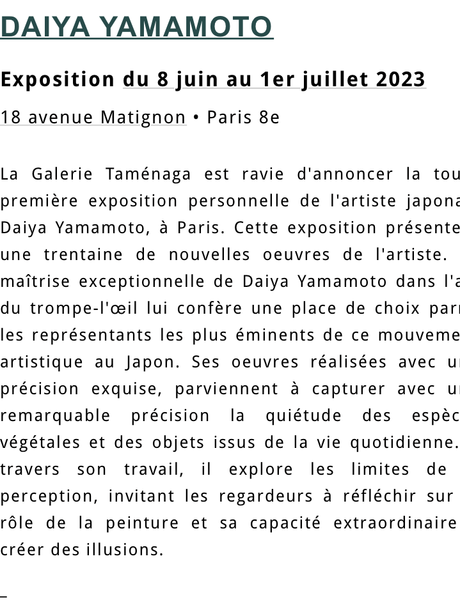 Galerie Taménaga   » Daiya Yamamoto  » à partir du 8 Juin 2023.
