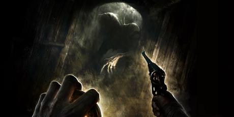 Une perspective à la première personne en tant que personnage pointe un revolver sur un monstre géant à la silhouette dans un bunker de la Première Guerre mondiale dans Amnesia: la couverture du bunker