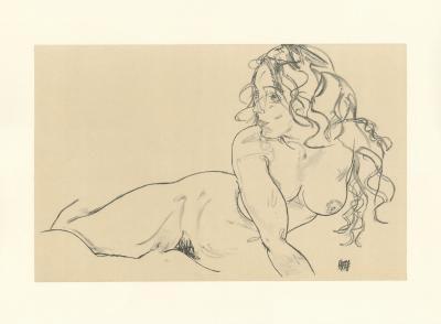 Lithographie d'Egon Schiele, Nu incliné avec torse levé, 1918