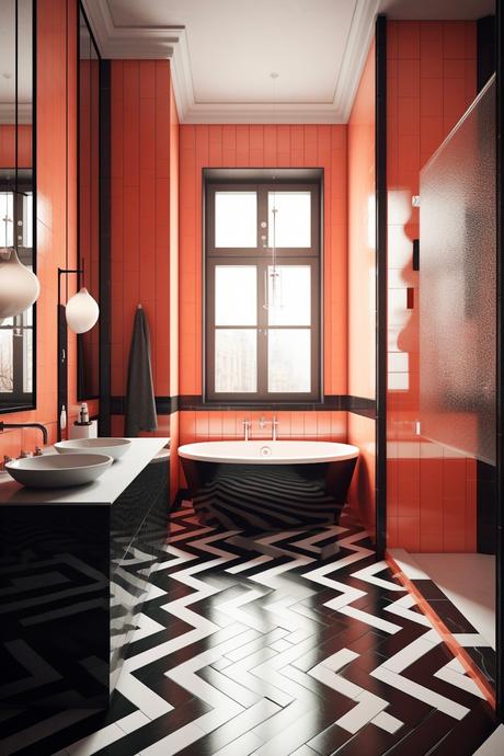 salle de bains Bauhaus noir orange géométrique