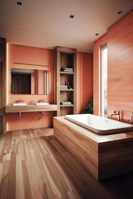 baignoire orange carrelage bois chalet moderne déco vitaminée