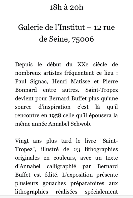 Galerie de l’Institut – exposition Bernard Buffet et St-Tropez – 2 Juin au 22 Juillet 2023.