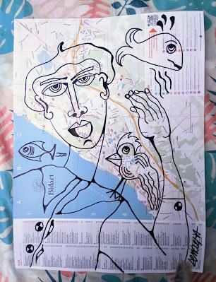 Dessins à l'encre sur la carte du village de Bidart, Pays Basque: Basques, bérets et baleines...