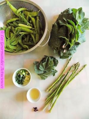 Soupe froide bourrache-guimauve, jus de cosses de petits pois et légumes de printemps (Vegan) Soupe froide bourrache-guimauve, jus de cosses de petits pois et légumes de printemps (Vegan)