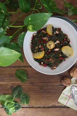 Epinards au citron, citron confit et noix