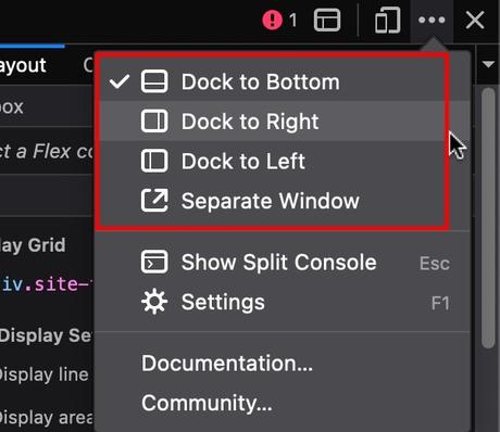 Emplacement différent du dock d'inspection sur Firefox dans un Mac