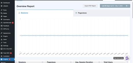 12 plugins WordPress que tous les blogueurs débutants devraient installer Image montrant la vue d'ensemble de MonsterInsights dans WP