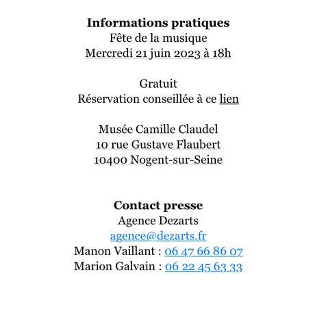 Musée Camille Claudel (Nogent sur Marne) Fête de la Musique – 21 Juin 2023.