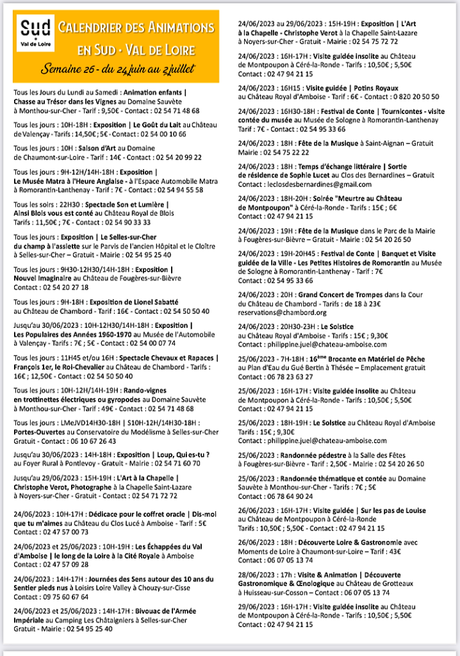 Centre Val de Loire – sud, 26 Juin au 2 Juillet 2023