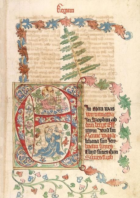 1441-49 Affe und Pfau, 1Sam 1,1 Bibel AT, deutsch Universitatsbibliothek Heidelberg Cod. Pal. germ. 20, Bl. 5r