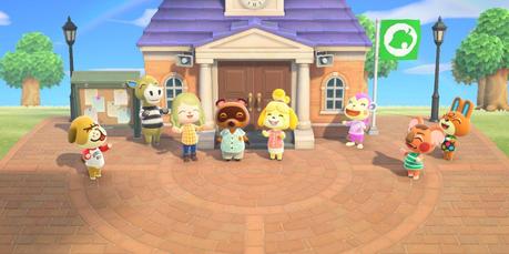 Tom Nook, le joueur, et d'autres villageois sur la place de la ville