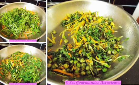 Pâtes aux carottes, petits pois et fanes sur lit de houmous (Vegan) Pâtes aux carottes, petits pois et fanes sur lit de houmous (Vegan)