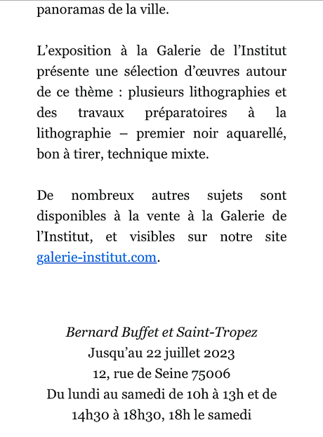 Galerie de l’Institut  « Bernard Buffet et Saint-Tropez »  ….. derniers jours …..