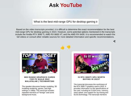 Ask YouTube est un moteur de recherche alimenté par l'IA pour les vidéos YouTube qui résume plusieurs vidéos YouTube pour vous donner une réponse de type ChatGPT pour toute requête 