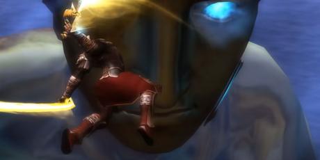 Niveaux de jeu vidéo qui se déroulent à l’intérieur d’une créature Kratos combat le colosse animé de Rhodes