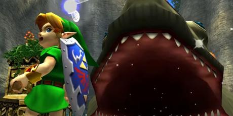 Niveaux de jeu vidéo qui se déroulent à l’intérieur d’une créature Lord Jabu-Jabu suce un lien dans la légende de Zelda: Ocarina Of Time