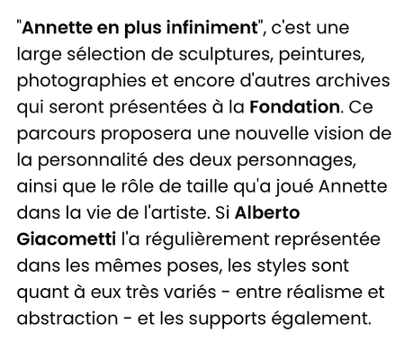 Institut Fondation Giacometti « Annette en plus infiniment »à partir du 11 Juillet 2023.